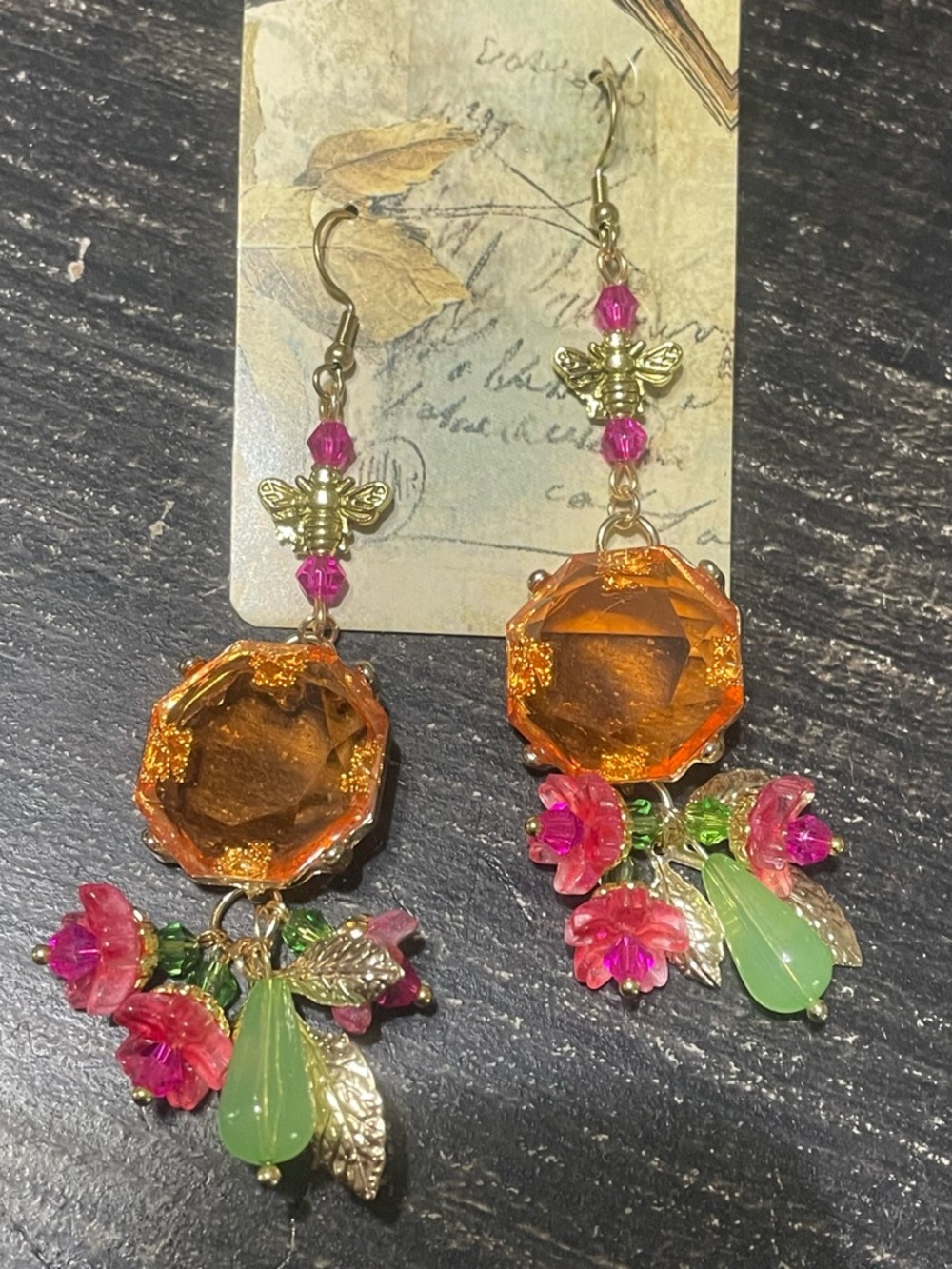 Gold Bee Drop Earrings with Orange Crystal and Pink-Green Accents - Picture 11 of 11